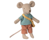 Maileg Little Brother Mouse with Bag: This adorable mouse toy features large ears, a long tail, a blue and green striped shirt, pink pants, and comes with a yellow cheese bag.