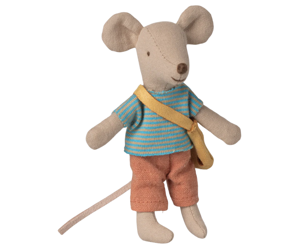 Maileg Little Brother Mouse with Bag: This adorable mouse toy features large ears, a long tail, a blue and green striped shirt, pink pants, and comes with a yellow cheese bag.