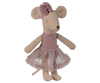 The Maileg Ballerina Mouse, Little Sister - Heather stands upright against a white background, dressed in a pink tutu and matching ear bow, looking just like a charming little ballerina.
