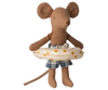 The Maileg Beach Mouse with Float, Little Sister - Yellow Dots, is a brown fabric doll in blue plaid swim trunks with large ears and long tail, holding a yellow polka-dot swim ring. Expected arrival by 04/1/26.