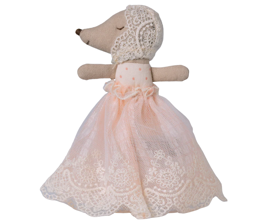 Maileg Baby Mouse in Gown - Powder arrives 06/15/26, featuring a sweet baby mouse in a white lace bonnet and powder pink gown—an ideal addition for collectors of charming baby mouse accessories.