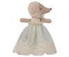 The Maileg Baby Mouse in Gown - Mint, arriving by 06/15/26, features a fabric mouse in a mint lace-trimmed gown and white bonnet, shown in side profile—perfect to pair with other baby mouse accessories.