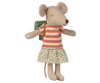 The Maileg Tricycle Mouse, Big Sister - Green (expected arrival 05/01/26), wears a red and white striped shirt, green and orange floral skirt, and a small green backpack, standing upright against a plain white background.