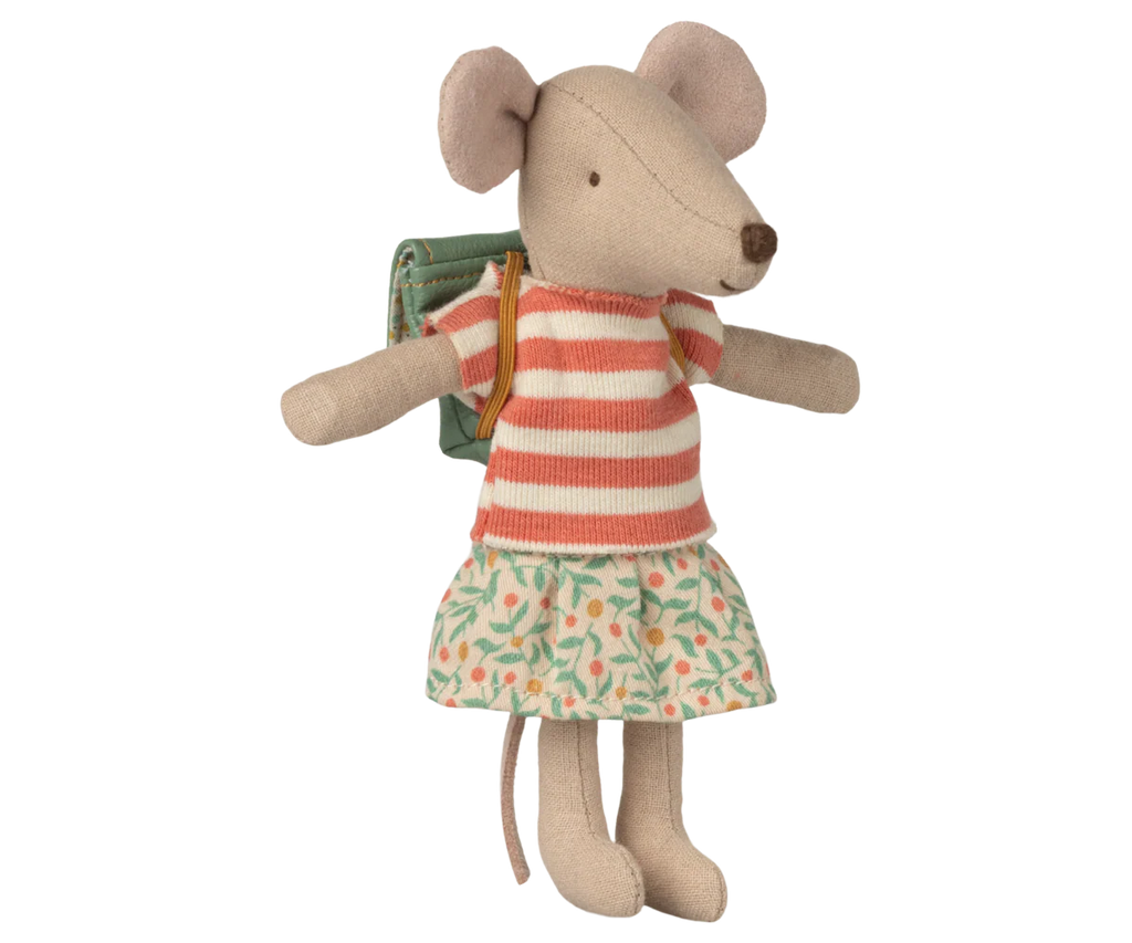 The Maileg Tricycle Mouse, Big Sister - Green (expected arrival 05/01/26), wears a red and white striped shirt, green and orange floral skirt, and a small green backpack, standing upright against a plain white background.