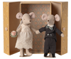 The Maileg Wedding Mice Couple in Box, Mum and Dad, arrive dressed as bride and groom in a decorative box—a delightful gift boxed plush collectible for special occasions.