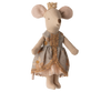 A Maileg Princess Dress for Big Sister Mouse, featuring gold trim and floral patterns, is displayed upright on a stuffed mouse with a gold crown, ideal for doll dress accessories or big sister mouse clothes collections.
