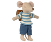 The Maileg Clothes and Bag, Big Brother Mouse - Brown features a fabric mouse doll in a blue and white striped shirt, blue shorts, and brown backpack. Expected arrival: 05/01/26. Stands upright against a plain white background.