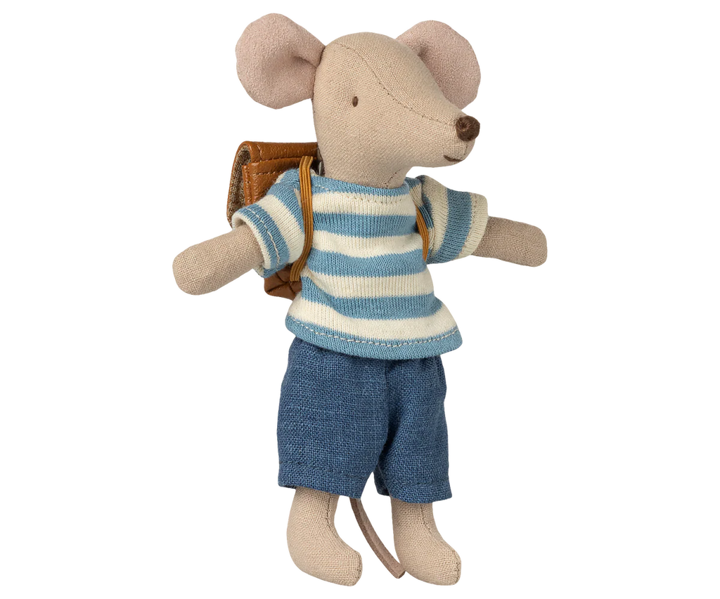 Maileg Tricycle Mouse, Big Brother - Brown, featuring a blue and white striped shirt, blue shorts, and a brown backpack, stands upright against a plain white background.