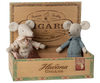 The Maileg Grandma and Grandpa Mice in Cigarbox set features two fabric mice dressed as grandparents, resting in an open wooden cigar box bed.