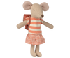 The Maileg Clothes and Bag, Big Sister Mouse - Coral (arriving 05/01/26) features a fabric mouse doll in a peach and cream striped shirt, plaid skirt, mouse backpack, and large round ears, posed upright against a plain background.