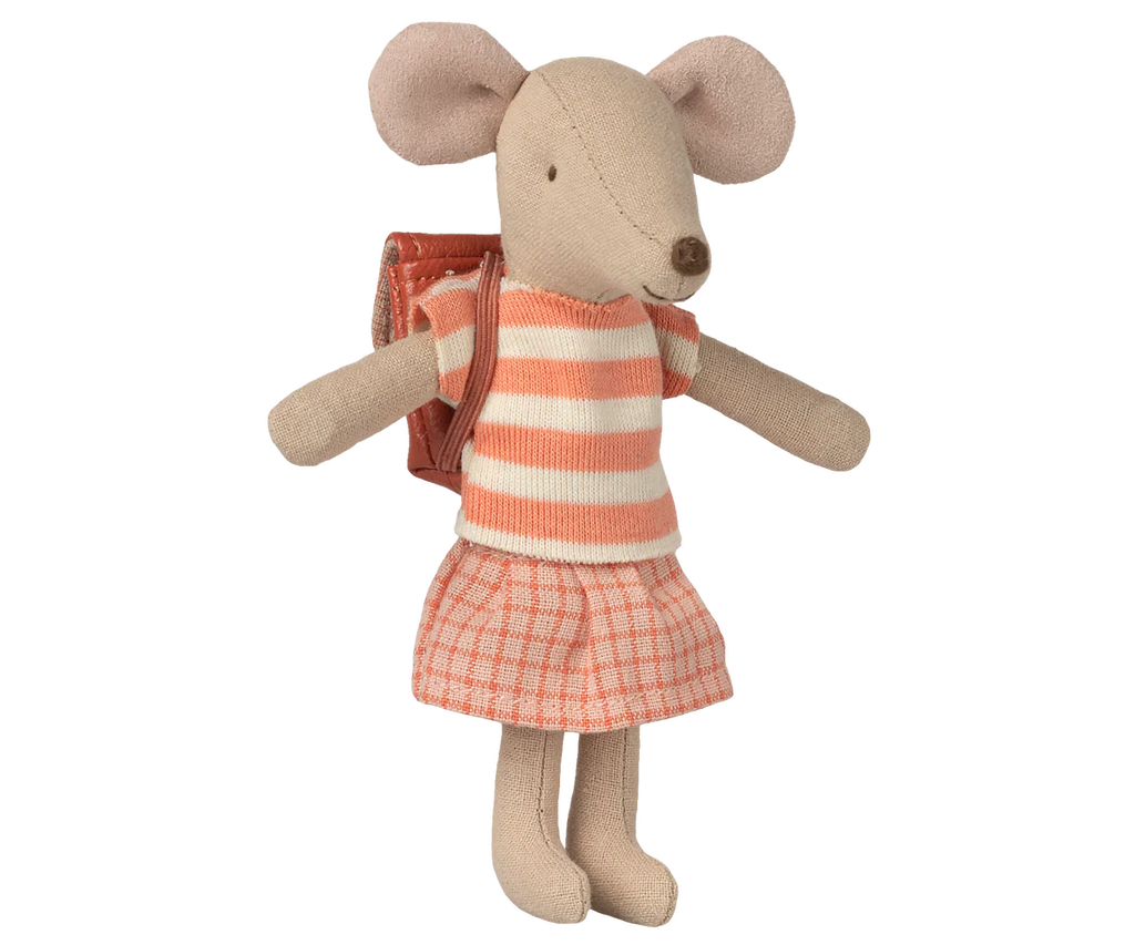 The Maileg Clothes and Bag, Big Sister Mouse - Coral (arriving 05/01/26) features a fabric mouse doll in a peach and cream striped shirt, plaid skirt, mouse backpack, and large round ears, posed upright against a plain background.