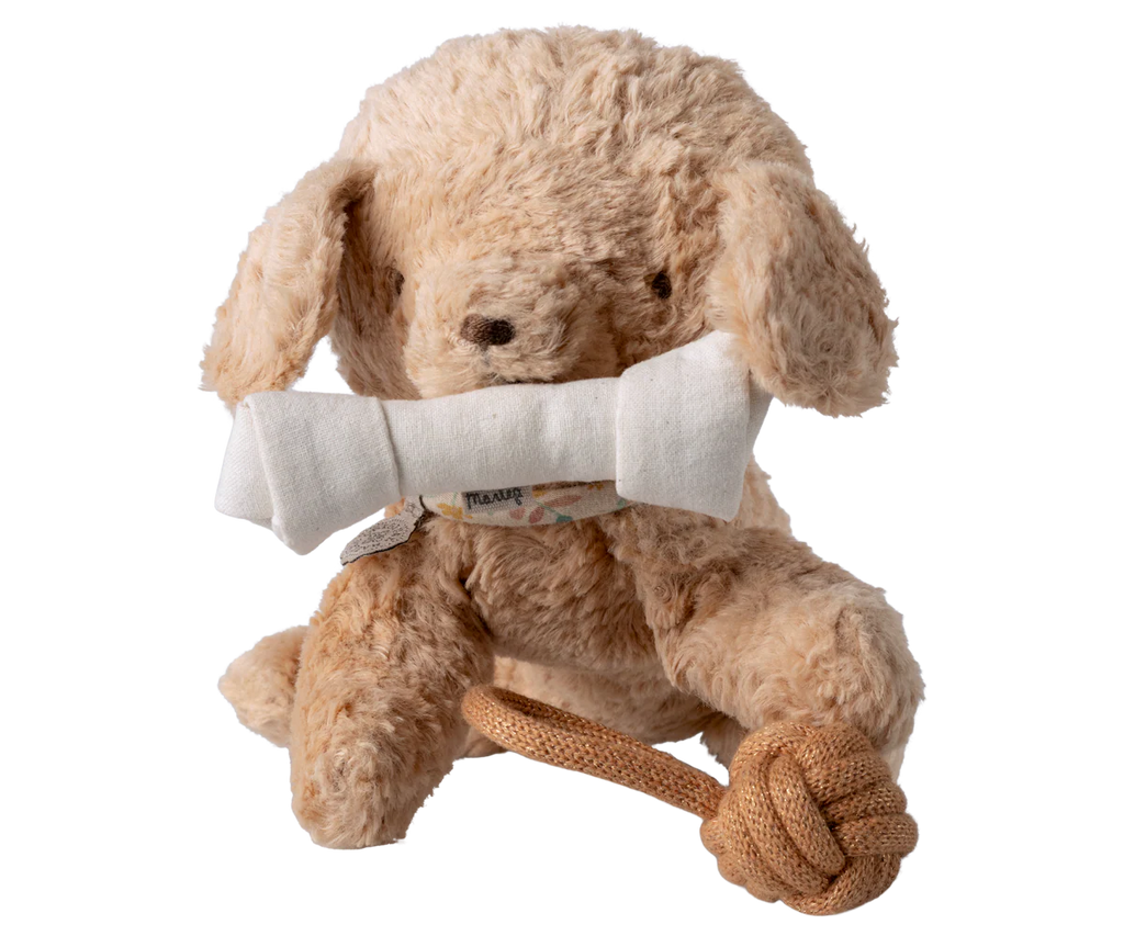The Maileg Pet Supply, Toys (expected 03/15/26) features a plush dog with curly beige fur, floppy ears, holding a magnetic puppy bone in its mouth and a knotted rope toy in its paw against a white background.
