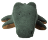 The Maileg Crocodile, Small - Forest Green is a plush green alligator toy with a textured fabric, brown underbelly, and embroidered eyes, shown front-facing on a white background. Expected arrival: 06/15/26.