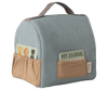 The Maileg Pet Carrier - Dusty Blue features plaid brown pockets, a card with pet illustrations, a "Pet Journal" tag, and a top handle for easy carrying—perfect for organizing pet accessories.