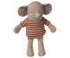 Maileg Little Jumbo the Elephant is a small linen stuffed animal with large ears, stitched eyes, soft light-brown limbs, and a red-and-beige striped shirt, shown standing upright against a white background. Expected arrival: 06/01/26.