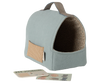 The Maileg Pet Carrier - Dusty Blue (arriving 02/15/26) is a small fabric carrier with a brown handle and patterned trim, shown with a "Pet Journal" and two illustrated cards—ideal for carrying your soft puppy and pet accessories.
