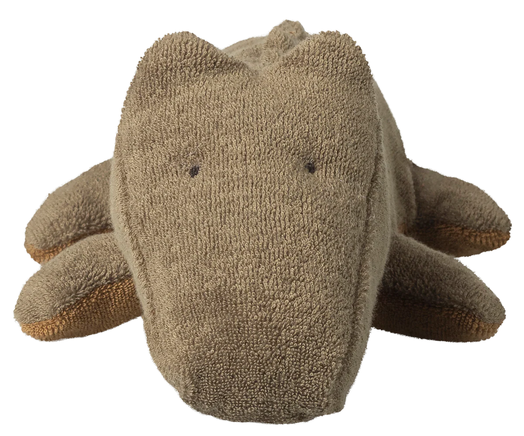 The Maileg Crocodile, Small - Olive Green is a huggable plush toy with a simple design, soft towel-like fabric, black stitched eyes, and stubby legs—ideal for soft toy fans.