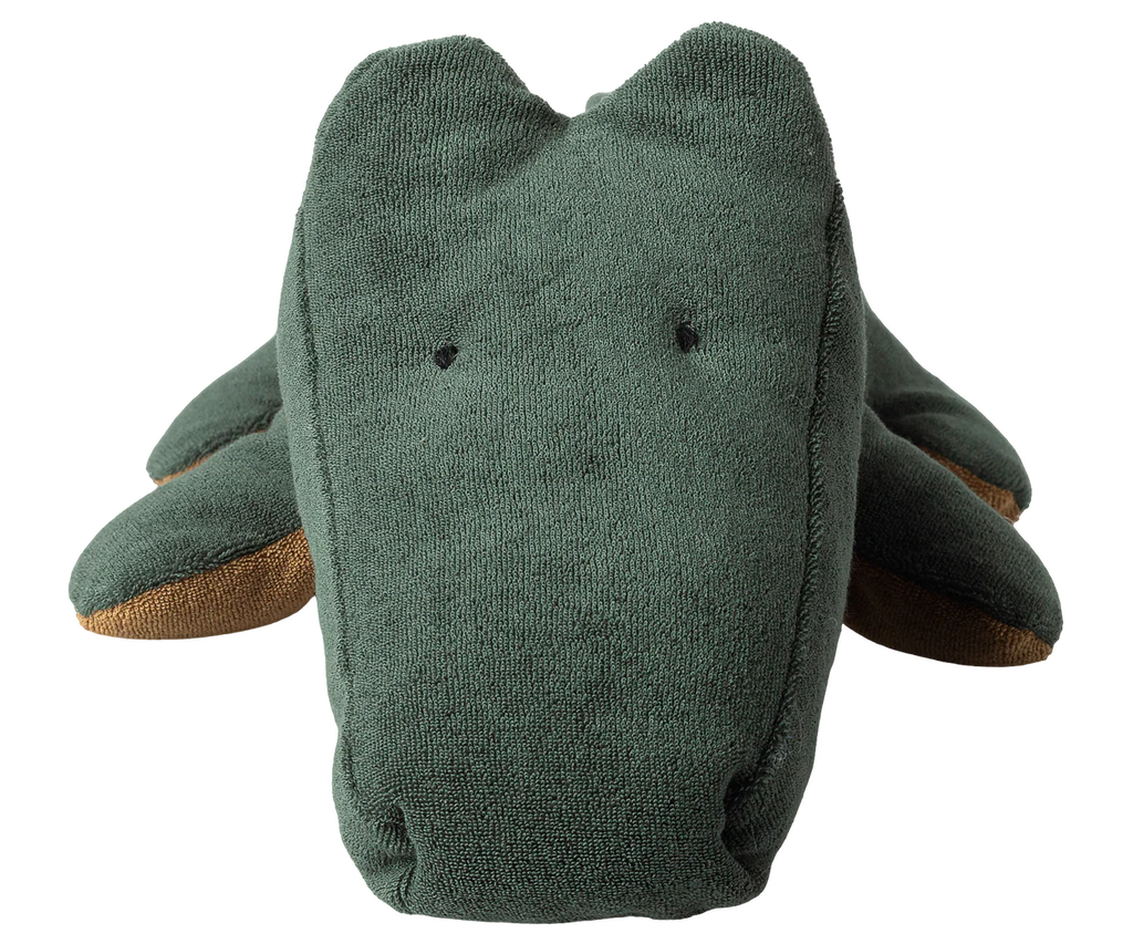 The Maileg Crocodile, Big - Forest Green is a huggable, soft crocodile plush with simple stitched eyes and brown-accented feet, shown against a white background.