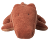 The Maileg Crocodile, Small - Vintage Rose (arriving 06/15/26) is a huggable plush shaped like a crocodile, crafted from soft brown fabric with stitched black eyes, lying flat with spread legs.