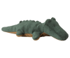 The Maileg Crocodile, Mini - Forest Green is a plush toy with green textured fabric on top, brown underside, and simple embroidered eyes, shown lying on a white background. Expected arrival by 06/15/26.