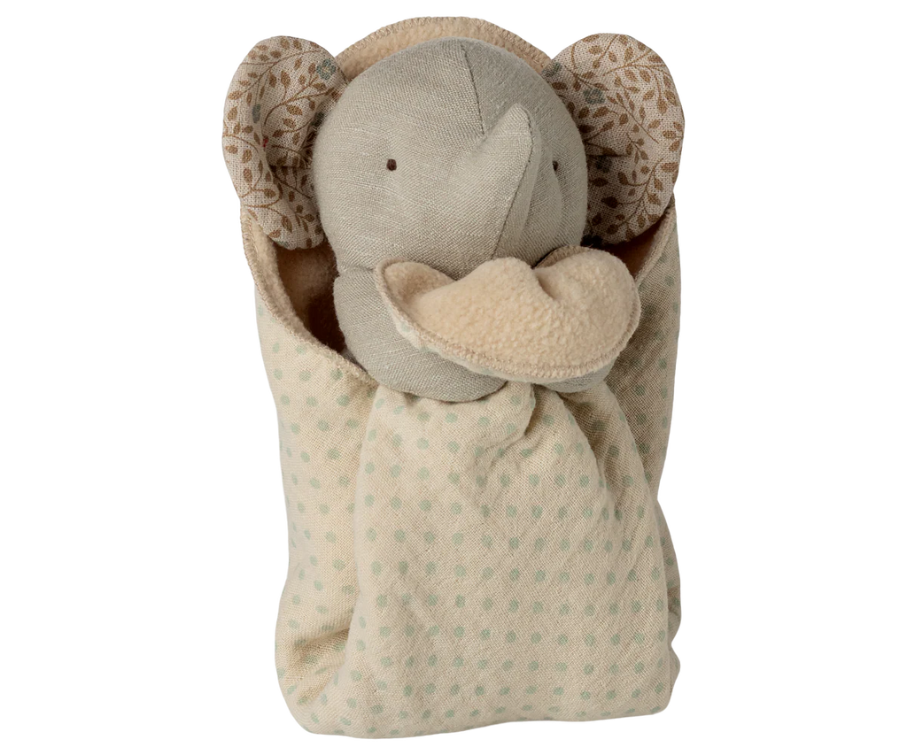 The Maileg Lullaby Friends, Elephant, Mini in Iron Grey is a soft toy with patterned ears, wrapped in a cream polka-dot blanket—perfect as a cozy, cuddly gift for newborns.