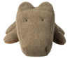 The Maileg Crocodile, Medium - Olive Green is a huggable plush toy with textured olive green fabric and simple stitched features, shown against a white background.