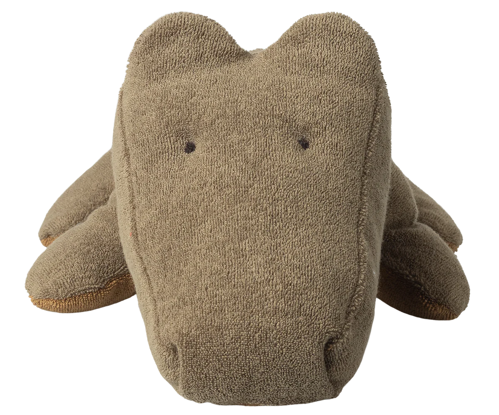 The Maileg Crocodile, Medium - Olive Green is a huggable plush toy with textured olive green fabric and simple stitched features, shown against a white background.