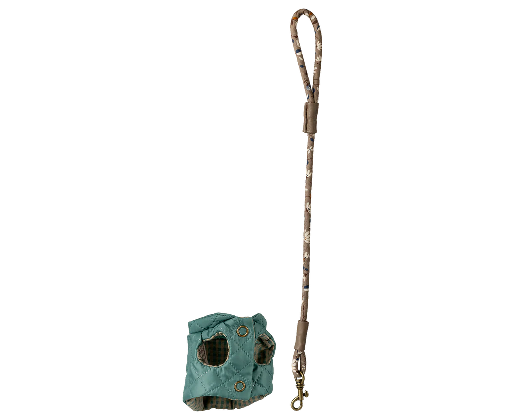 The Maileg Pet Supply Harness and Leash in Dark Mint, shown with a light blue fabric dog waste bag holder featuring two grommets and a checkered lining, is perfect for pups and soft accessories—displayed on a white background. Expected arrival: 03/01/26.