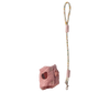 The Maileg Pet Supply Harness and Leash - Rose, a pink quilted puppy harness with metal snaps, is displayed next to a patterned set with loop handle and metal clip. Both stylish accessories are shown on a white background. Expected arrival: 03/01/26.