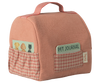 The Maileg Pet Carrier - Coral is a soft pink carrier with a handle, red checkered pocket, and two visible cards—one labeled "Pet Journal" and one with animal illustrations. Ideal for pet accessories. Pocket tag reads "maileg." Arriving 02/15/26.