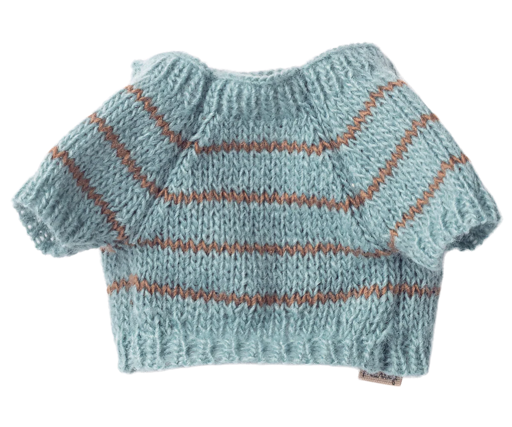 Pre-order the Maileg Knitted Puppy Sweater in Dusty Blue (arriving by 04/15/26)—a small, soft and charming accessory with brown stripes, perfect for your puppy or their favorite stuffed animal.