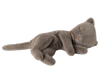 The Maileg Sleeping Kitten Plush, Small - Grey, features soft fabric, closed eyes, a cute patterned collar, and lies on its side as if napping—ideal for snuggling in a cozy basket. Expected arrival: 02/15/26.