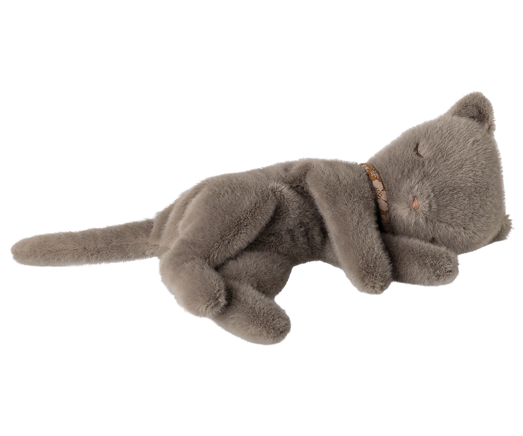 The Maileg Sleeping Kitten Plush, Small - Grey, features soft fabric, closed eyes, a cute patterned collar, and lies on its side as if napping—ideal for snuggling in a cozy basket. Expected arrival: 02/15/26.