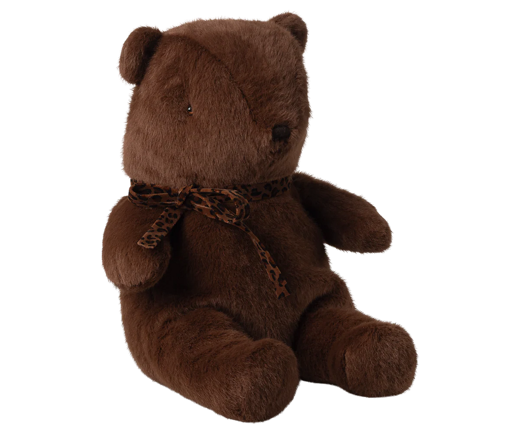 The Maileg Teddy Bear Plush, Medium - Dark Chocolate, sits upright against a plain white background.