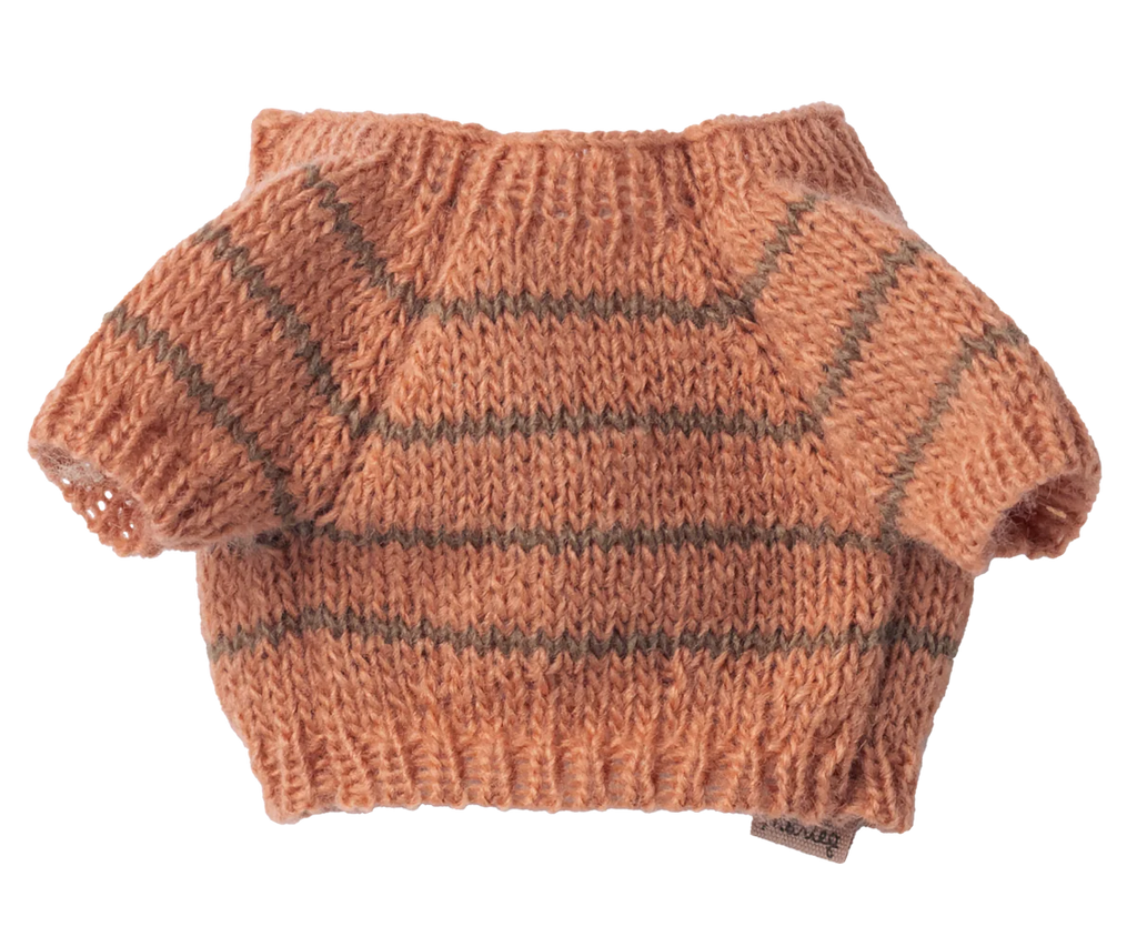 The Pre-order Maileg Puppy Knitted Sweater - Coral (arrives by 04/15/26) is a small, handmade short-sleeve sweater with orange and gray stripes, perfect as a soft puppy accessory and shown flat on a white background.