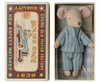 A small soft fabric mouse, Maileg Big Brother, dressed in blue striped pajamas, lies inside a box designed to resemble a classic matchbox toy. The box lid features vintage racing graphics and the text “Mouse Race” and “Grand Old Match Factory,” making it the perfect gift for any Maileg mouse collector.