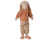 PRE-ORDER: Maileg Pants and Knitted Sweater, Size 3—rust-colored sweater and flower-printed pants on a stuffed bunny toy with floppy ears; arrives early November.