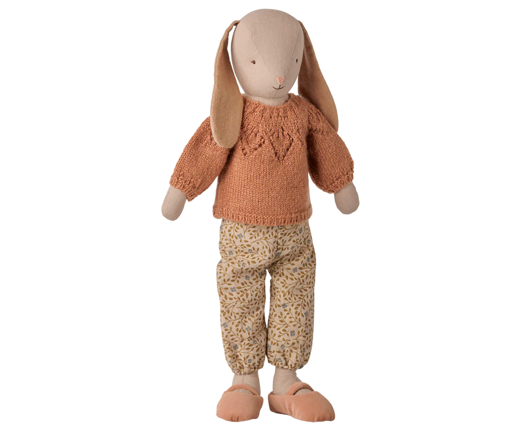 PRE-ORDER: Maileg Pants and Knitted Sweater, Size 3—rust-colored sweater and flower-printed pants on a stuffed bunny toy with floppy ears; arrives early November.