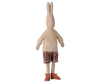 The PRE-ORDER Maileg Pants and Knitted Sweater, Size 4 - Off White (arriving early November), features a fabric bunny doll dressed in a cozy knit sweater and checked pants—an adorable display for rabbit clothing fans.
