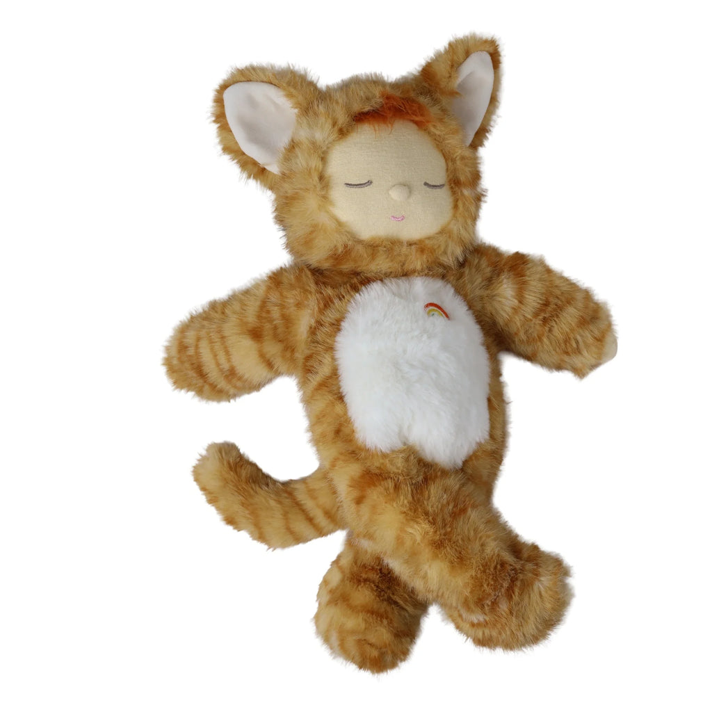 Olli Ella Cozy Dinkum Doll - Tabby Cat Jinx plush doll dressed in a fuzzy orange tabby costume with a white belly, a small rainbow patch, and an embroidered sleeping face.
