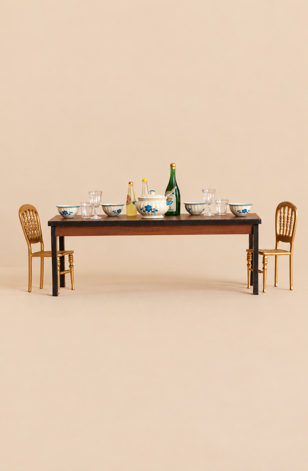 A Maileg Dining Set Set for four, featuring a tureen, bowls, glassware, and two bottles, flanked by two ornate Mouse Size Gold Chairs.