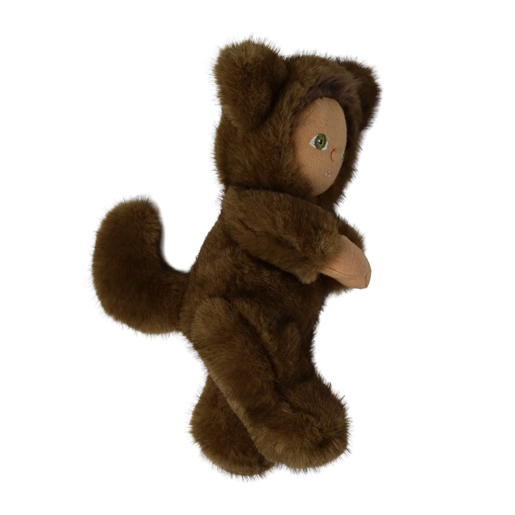 An Olli Ella Dinky Dinkum Doll - Wesley Werewolf with a soft, tan face wearing a fuzzy brown wolf costume with ears and a tail.