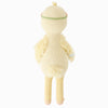 The Cuddle + Kind Duckling is a yellow, knitted plush toy shown from the back, standing upright with textured wings, long legs, a round tail, and a green head stripe—expertly crafted from 100% cotton yarn.