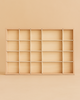The Grapat Tinker Tray is a roomy wooden shelving unit with 20 rectangular compartments, separated by thin metal rods, perfect for organizing sustainable toys or serving as a spacious sorting tray. Set against a light beige background.