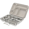 The Haps Nordic - Stainless Steel Lunch Box - Multi-Compartment (ships in approximately two weeks), a stainless steel lunchbox ideal for meal prep, is shown. With its lid open, it reveals six compartments of various sizes perfect for separating different foods. A convenient carrying handle is attached to the front of the lunchbox.