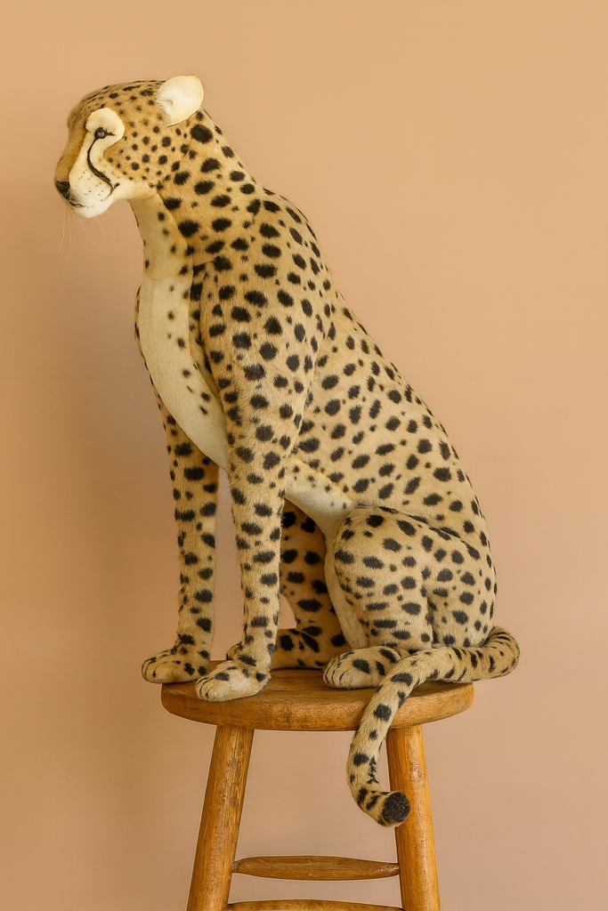 The 44" Life-Size Cheetah Stuffed Animal sits upright on a wooden stool against a plain beige background, featuring detailed spots and realistic design—Final Sale.