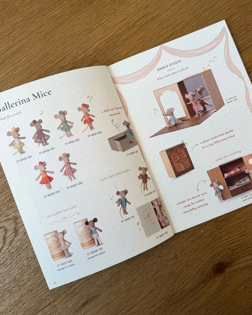 A page from Odin Parker’s Maileg Catalog featuring illustrations of Maileg mice in ballet outfits, a miniature dance studio set, and various Maileg accessories.