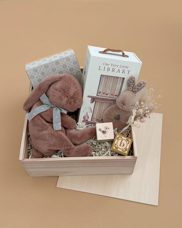 The Newborn Gift Set includes two Maileg Plush Sleeping Bunnies, "Our Very Little Library" book, a floral envelope, Watercolor ABC Block (D), a small box, and dried flowers, beautifully arranged against a beige background.