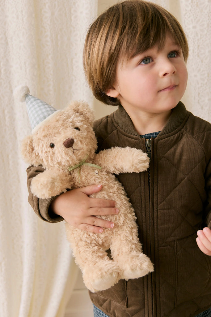 A young child in a brown jacket holds the Snuggle Bunnies - Birthday Arthur - Gingham, a soft teddy bear with a blue and white checkered hat. Cream curtains in the background make this plush toy an ideal birthday gift for kids.