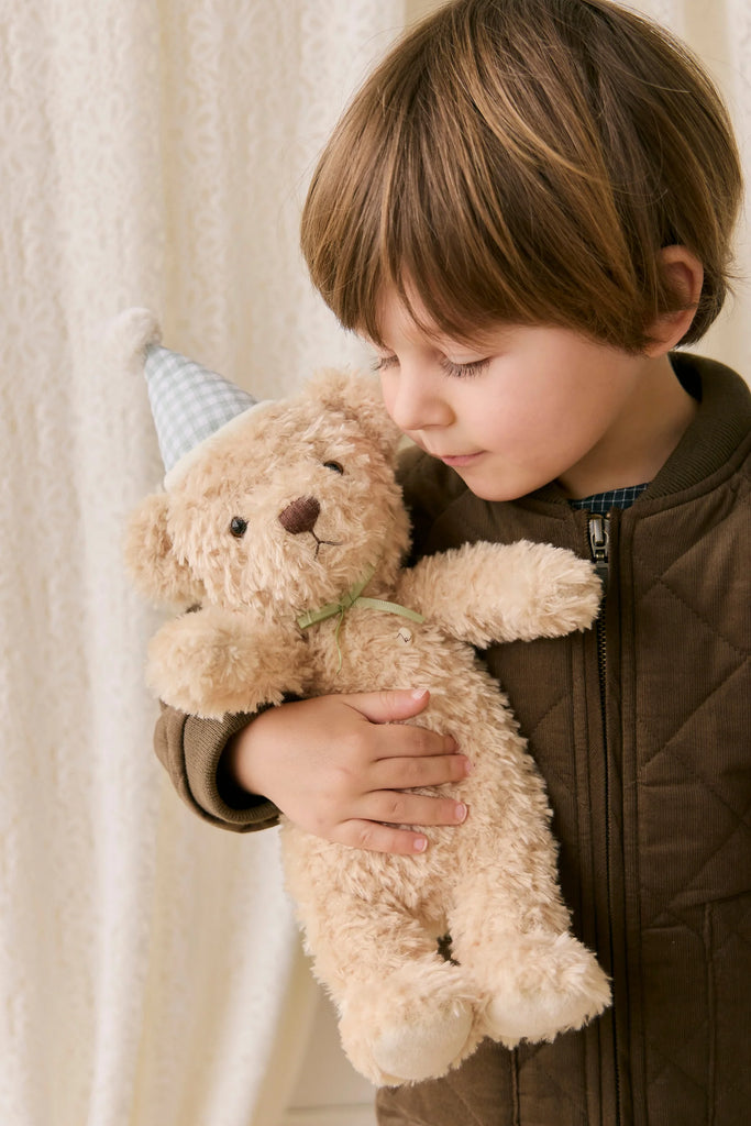 A young child with brown hair holds a Snuggle Bunnies - Birthday Arthur - Gingham plush toy, wearing a pale blue party hat, and stands in front of a cream-colored curtain.